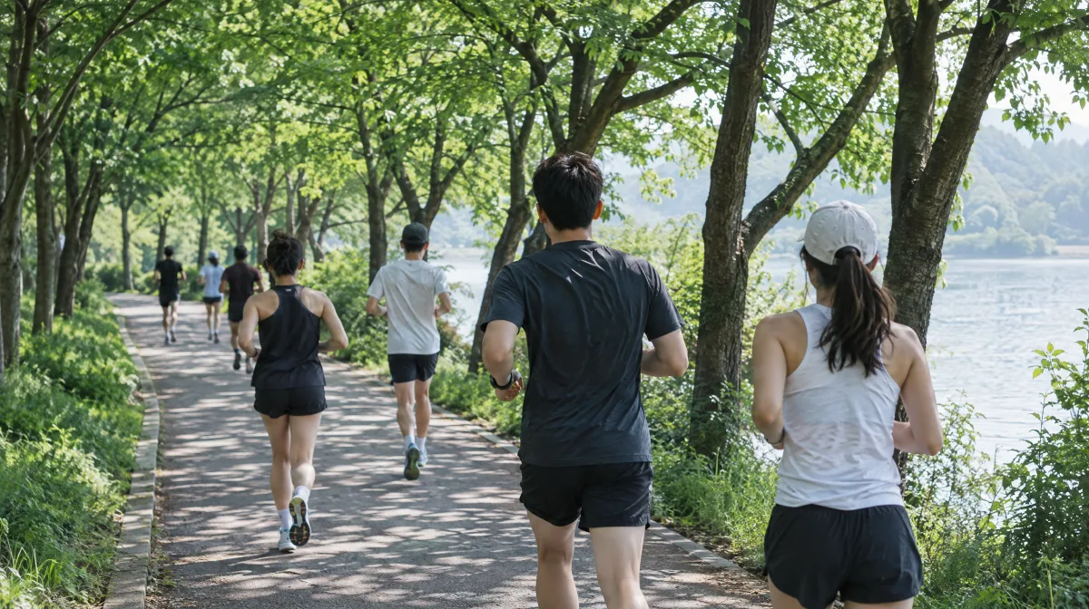 주말 아침, 호숫가 벚나무 그늘 길을 달리는 크루