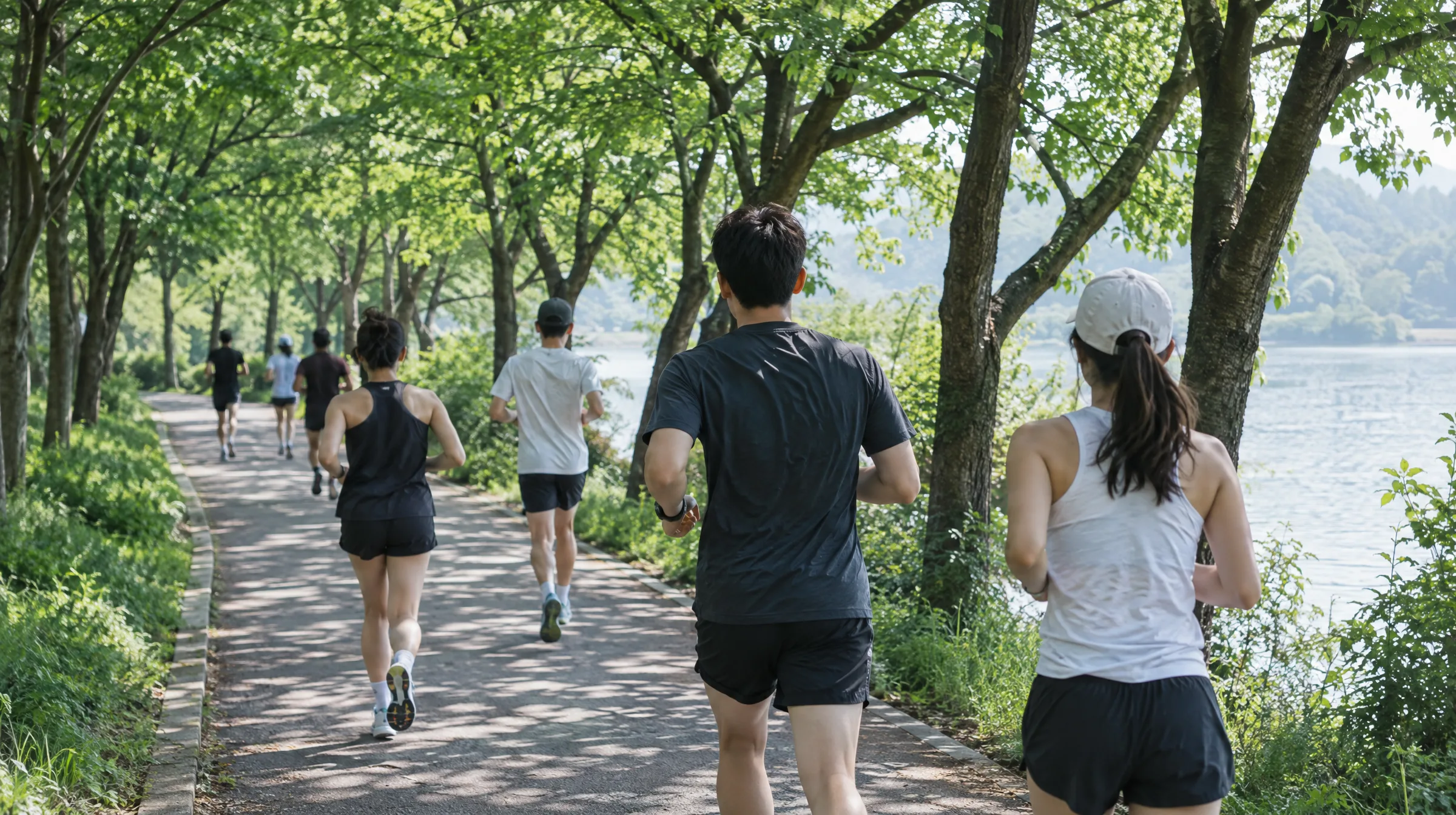 주말 아침, 호숫가 벚나무 그늘 길을 달리는 크루