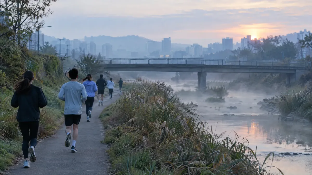 새벽 안개 낀 하천 산책로를 달리는 러너들, 머리 위로 작은 다리