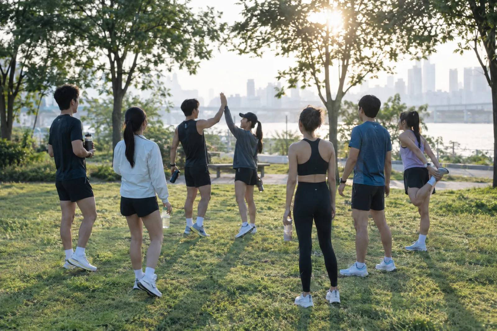 토요일 아침 러닝을 마치고 잔디밭에 모여 스트레칭하며 하이파이브하는 크루원들