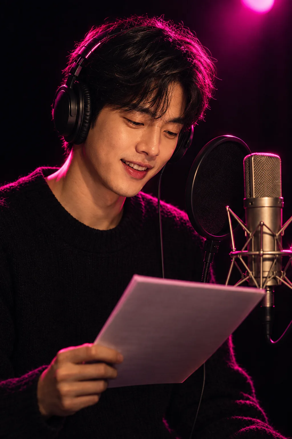 헤드폰을 쓰고 대본을 든 채 마이크 앞에서 웃으며 읽는 남성. 뒤에서 마젠타 조명이 비춘다