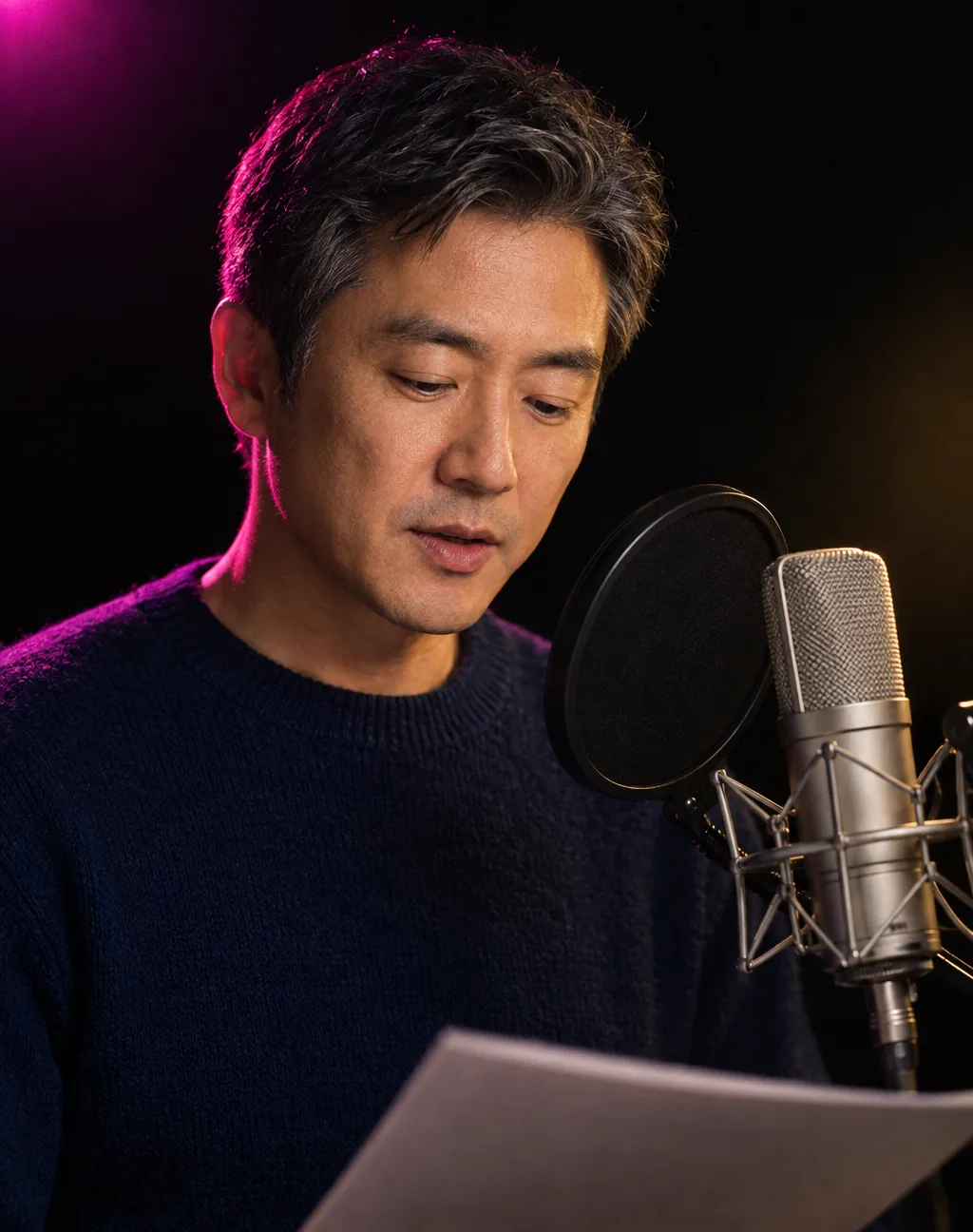 마이크 앞에 선 도윤. 차분한 다큐 목소리를 맡은 가상 인물