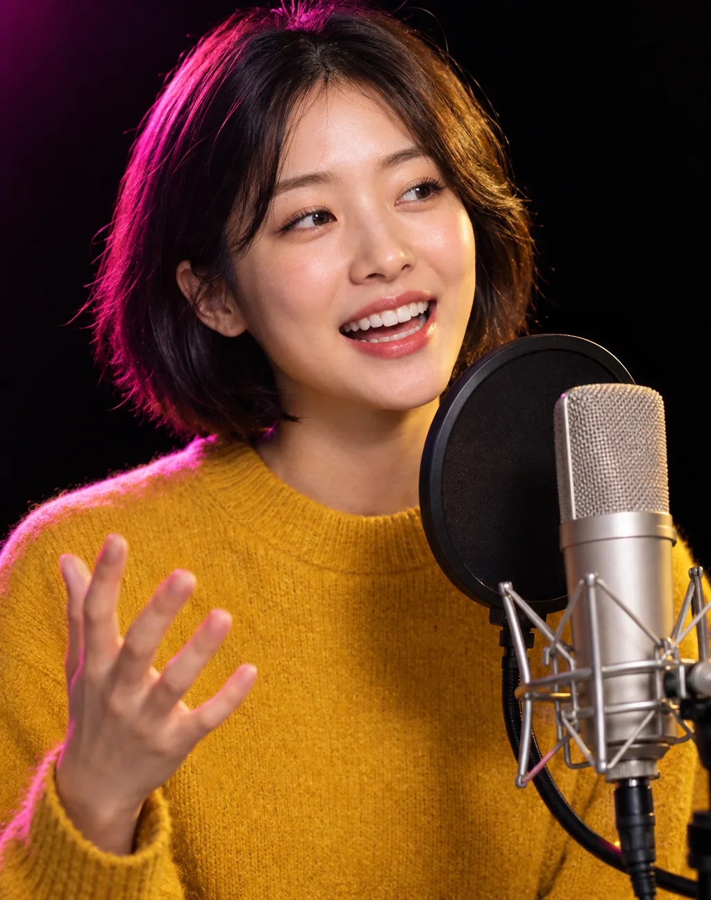 마이크 앞에 선 하린. 밝은 광고 목소리를 맡은 가상 인물