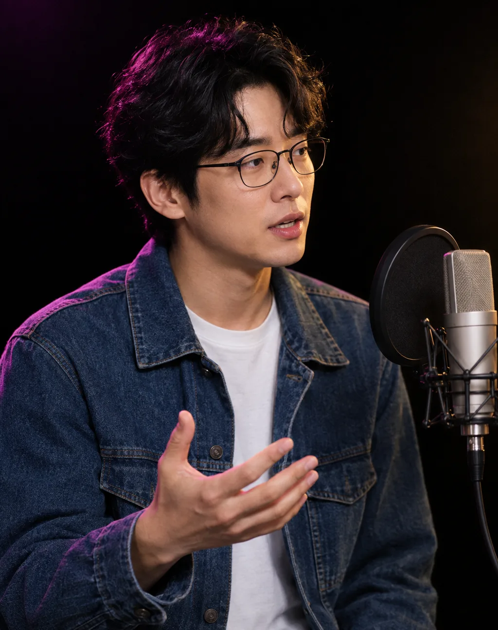 마이크 앞에 선 지호. 또렷한 강의 목소리를 맡은 가상 인물