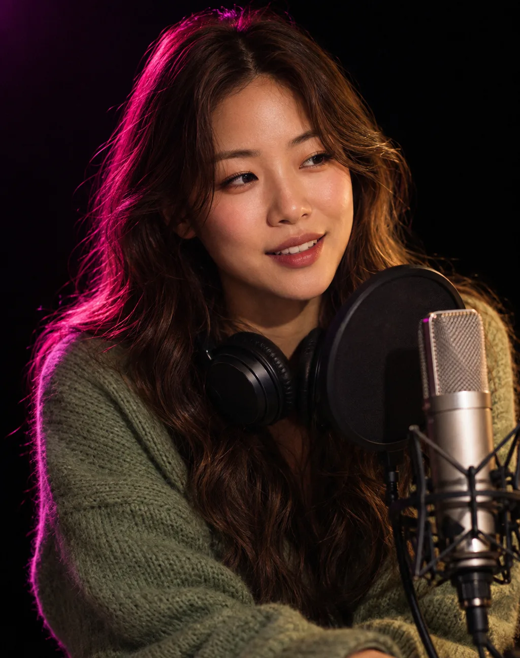 마이크 앞에 선 채원. 부드러운 팟캐스트 목소리를 맡은 가상 인물
