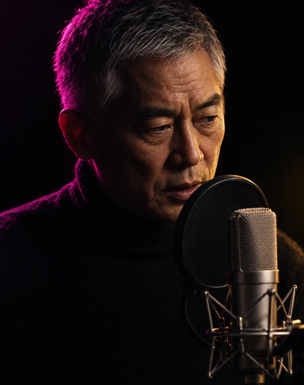 마이크 앞에 선 동하. 낮은 드라마 목소리를 맡은 가상 인물