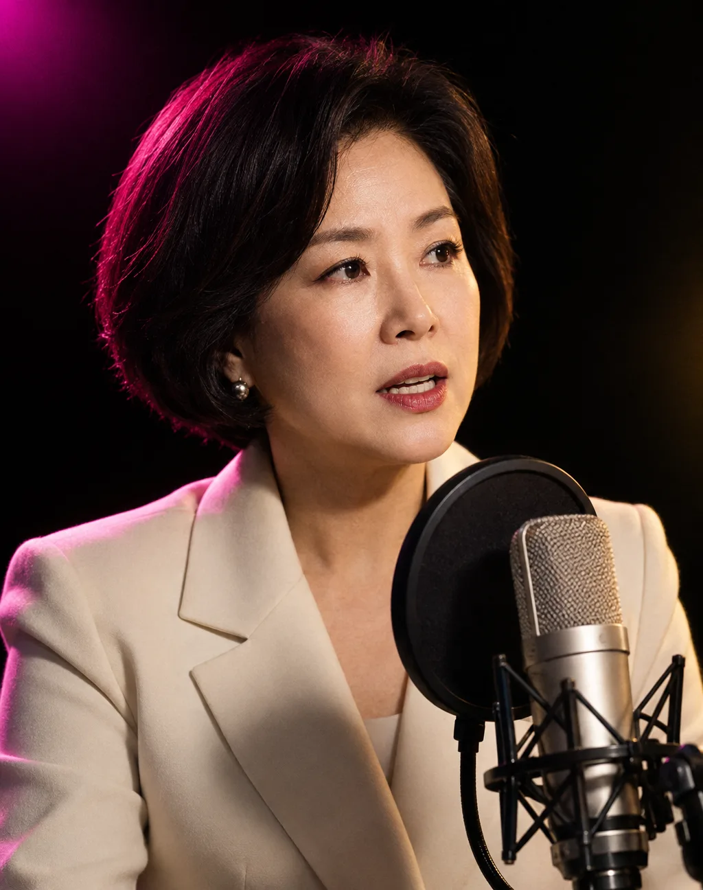 마이크 앞에 선 혜진. 또렷한 저녁 뉴스 목소리를 맡은 가상 인물