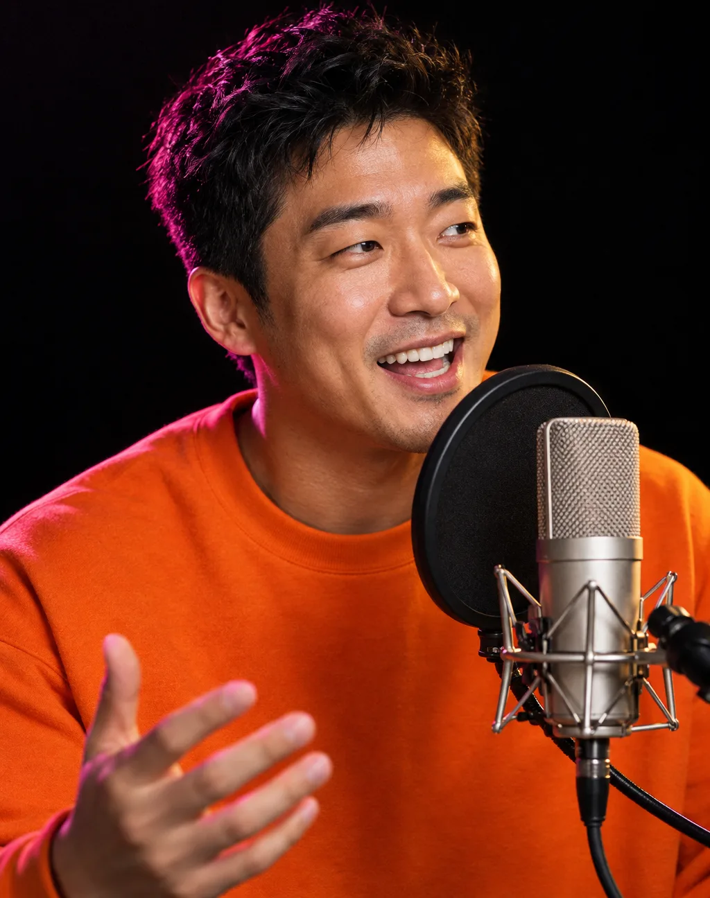 마이크 앞에 선 준서. 밝은 광고 목소리를 맡은 가상 인물