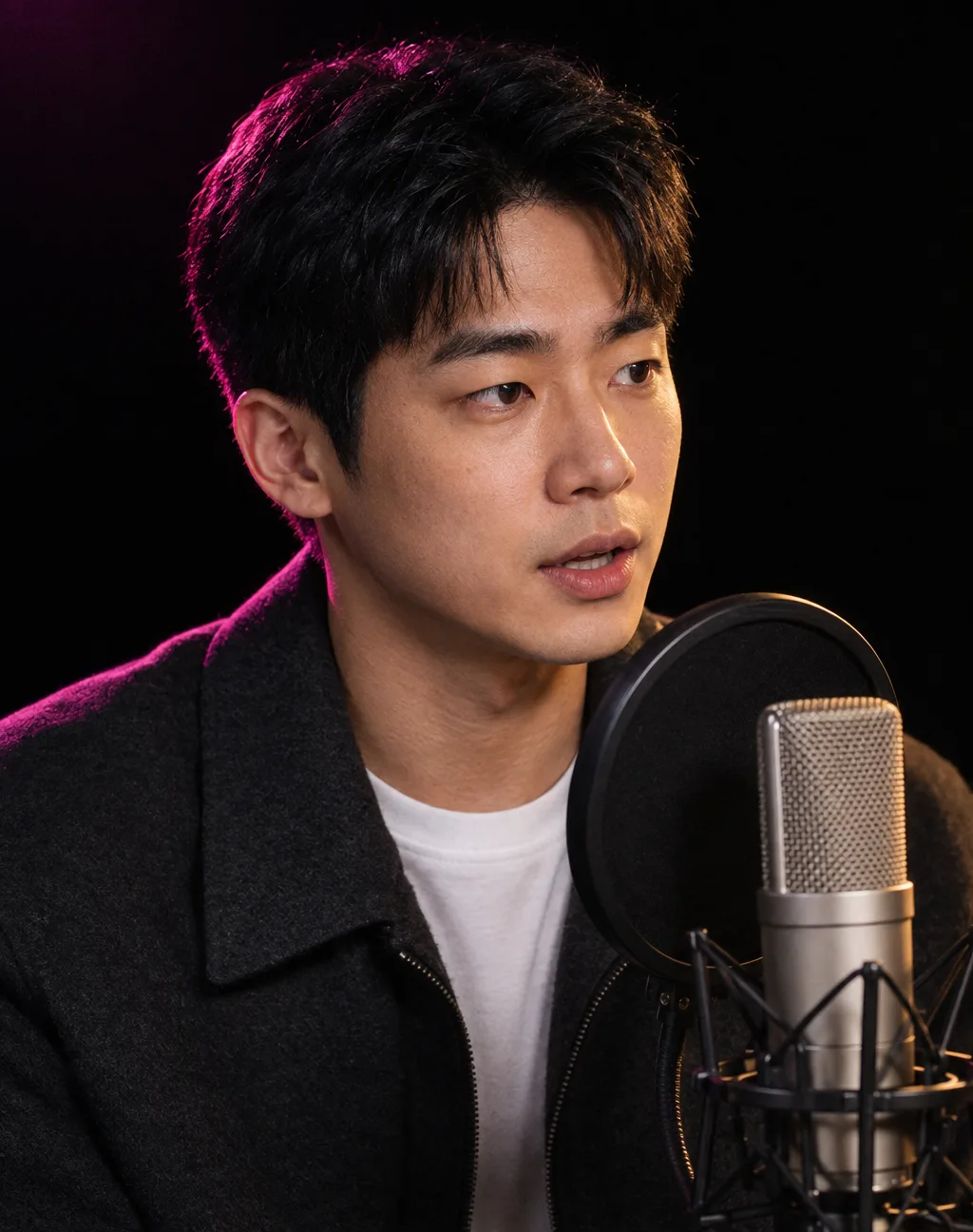 마이크 앞에 선 민재. 담백한 해설 목소리를 맡은 가상 인물