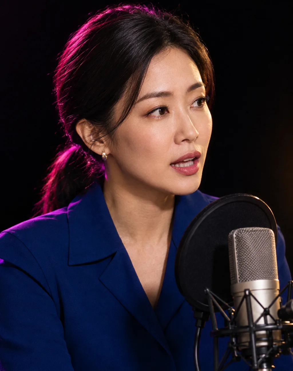 마이크 앞에 선 수아. 또렷한 뉴스 목소리를 맡은 가상 인물