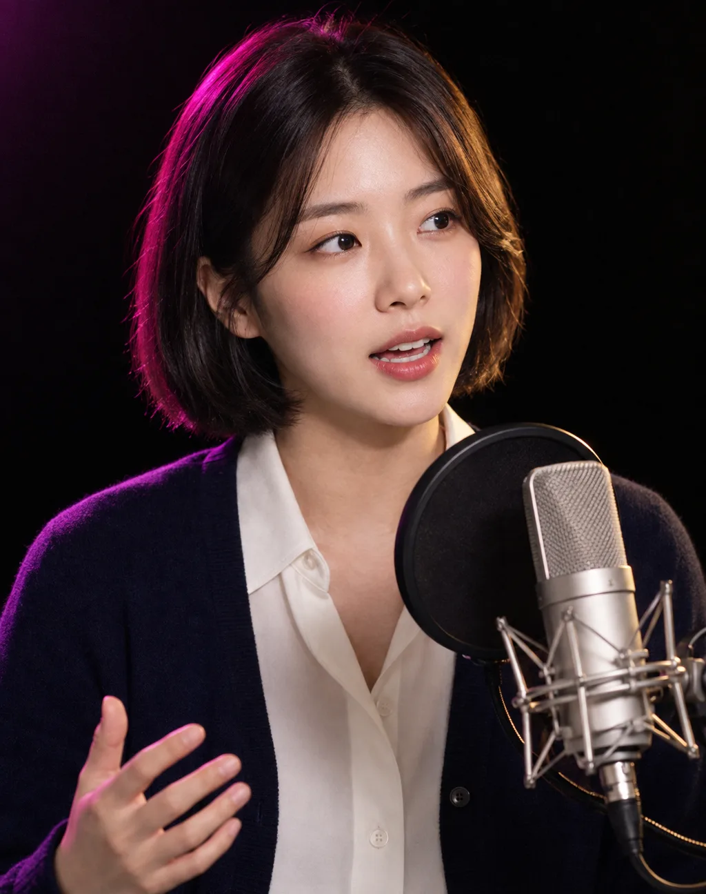 마이크 앞에 선 유나. 또렷한 강의 목소리를 맡은 가상 인물
